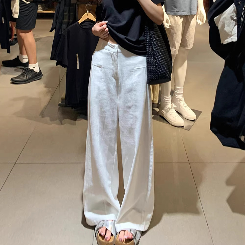 White Linen Wide-Leg Pants for Women, Spring and Autumn 2026 New High-Waisted Loose Bf Style Casual Cotton-Linen Suit Trousers
