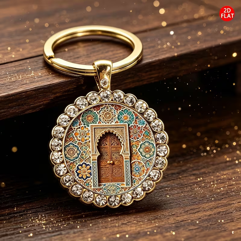 Moroccan arch tile pattern inlaid with diamonds, time gemstone keychain, carved wooden door vintage floral keychain pendant