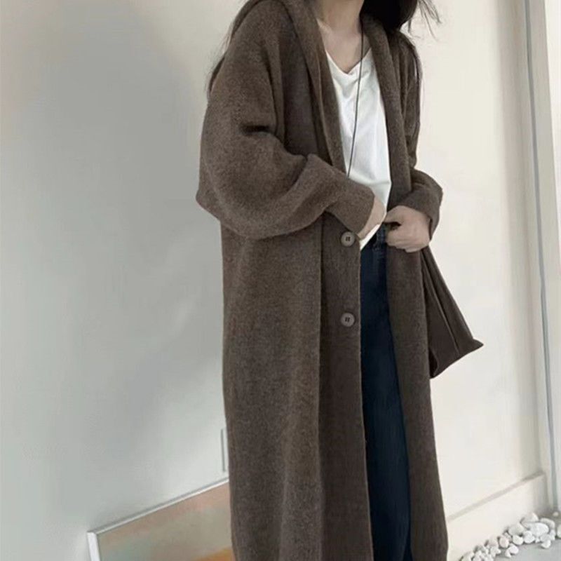 Shanlida Di's New Lazy Style Hooded Long Over-The-Knee Thickeneded Knitted Mid-Length Cardigan Autumn and Winter Loose Sweater