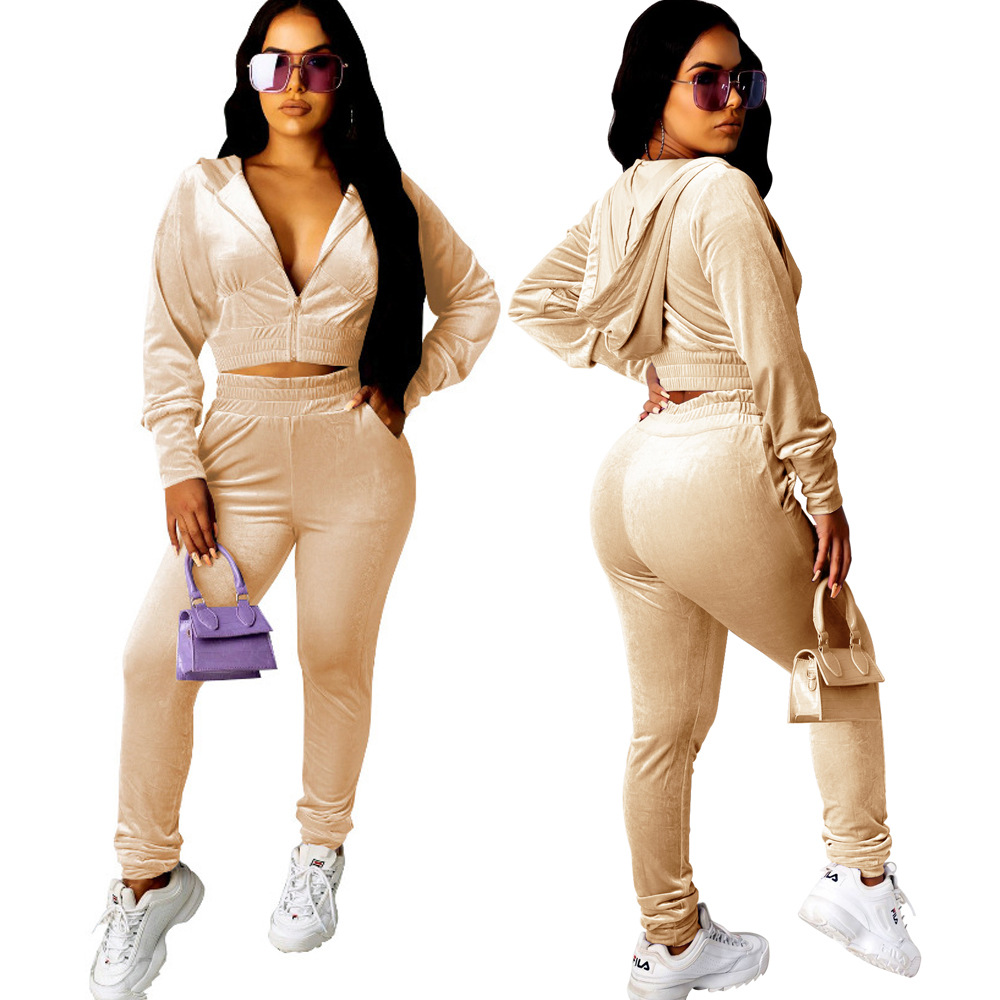 European and American velvet autumn suit cross-border Amazon wish fashion hooded two-piece set temperament waist casual women's clothing