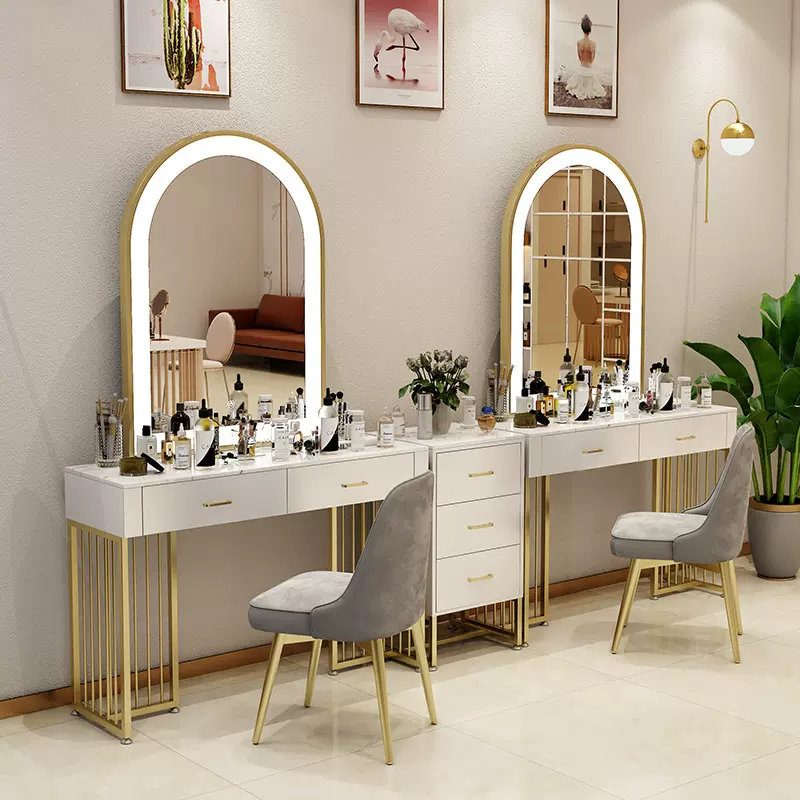 轻奢风影楼化妆台带灯专业化美甲店妆桌婚纱店美容院大理石梳妆台