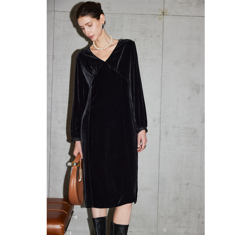 Silk Velvet Dress for Women 2026 Autumn and Winter New Style Long-Sleeved Inner Wear and Outer Wear Straight Long Mulberry Silk Dress