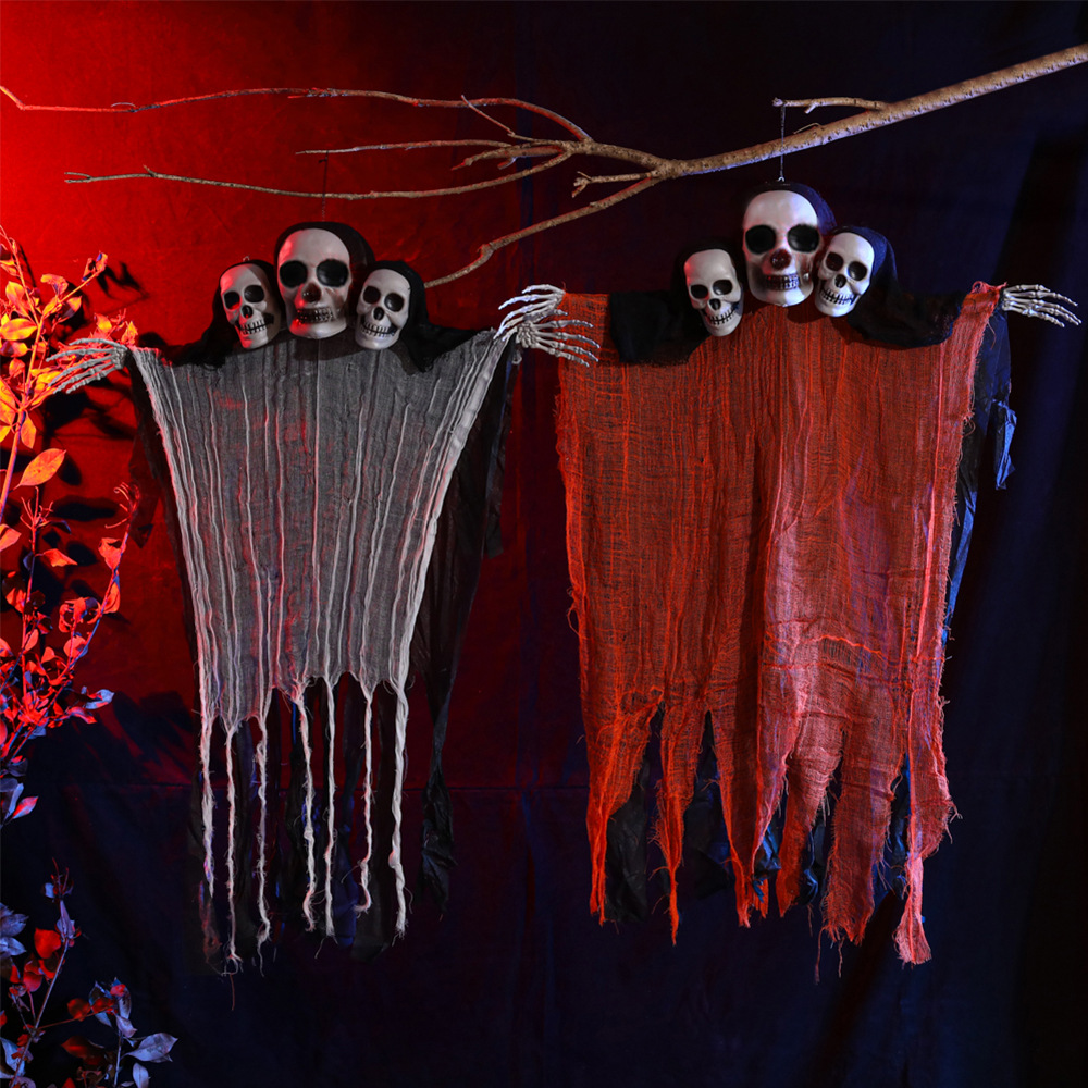 Decoración de Halloween, fantasma colgante de tres cabezas, gasa de calavera, habitación fantasma colgante, gran accesorio colgante en la puerta de la casa embrujada