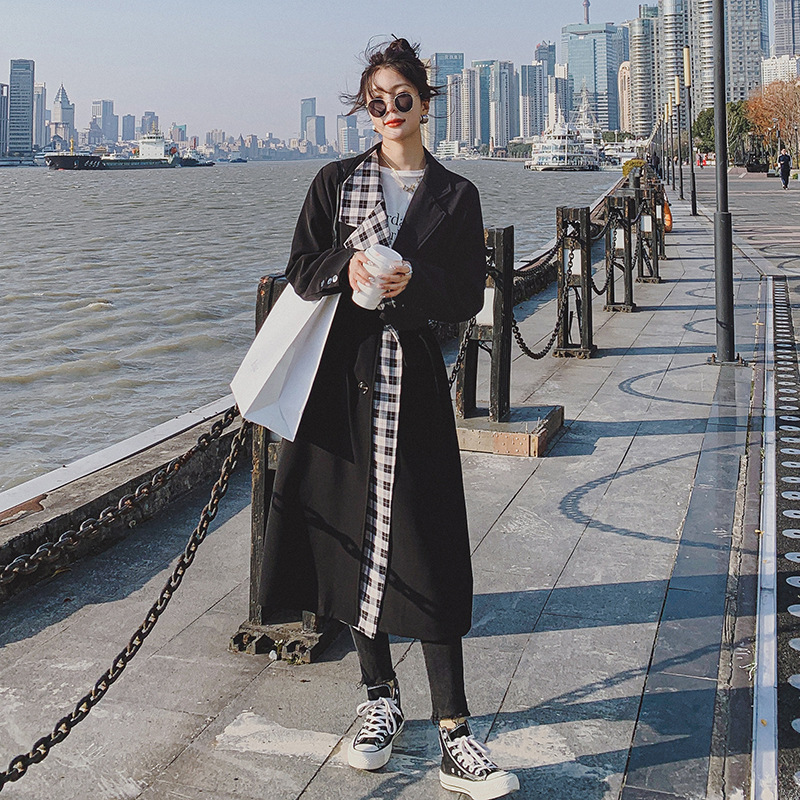 Plaid Stitching Trench Coat Image 3