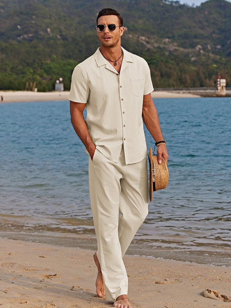 Men's Two Piece Set Short Sleeve Button Down Shirt And Loose Casual Pants Solid Color Beach Wear_viptrois.com