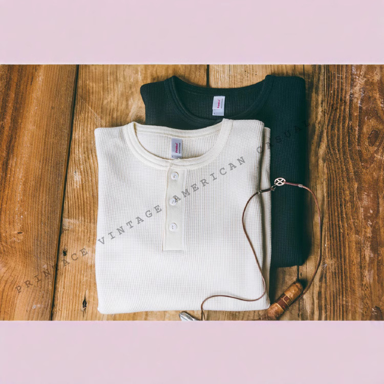 Khaki Retro Super Heavyweight Cotton Waffle Henley Collar Long-Sleeved T-Shirt 6117 Khaki Retro Super Heavyweight Cotton Waffle Henley Collar Long-Sleeved T-Shirt 6117