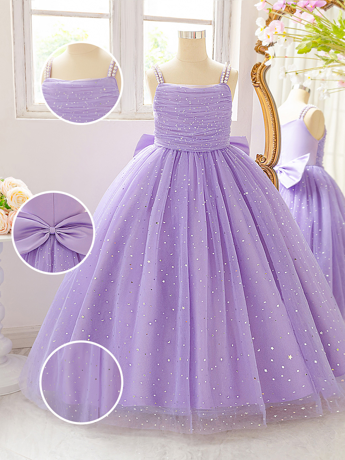 Vestido de niñas perlas esbellas esbellas de acero vestido de princesa gran arco vestido de niños vestido largo piano