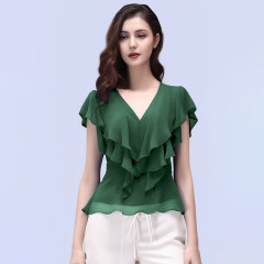 女性用フリルシフォンシャツ、半袖トップス、気質半袖スリムフィットTシャツ、万能シャツ、2025年夏