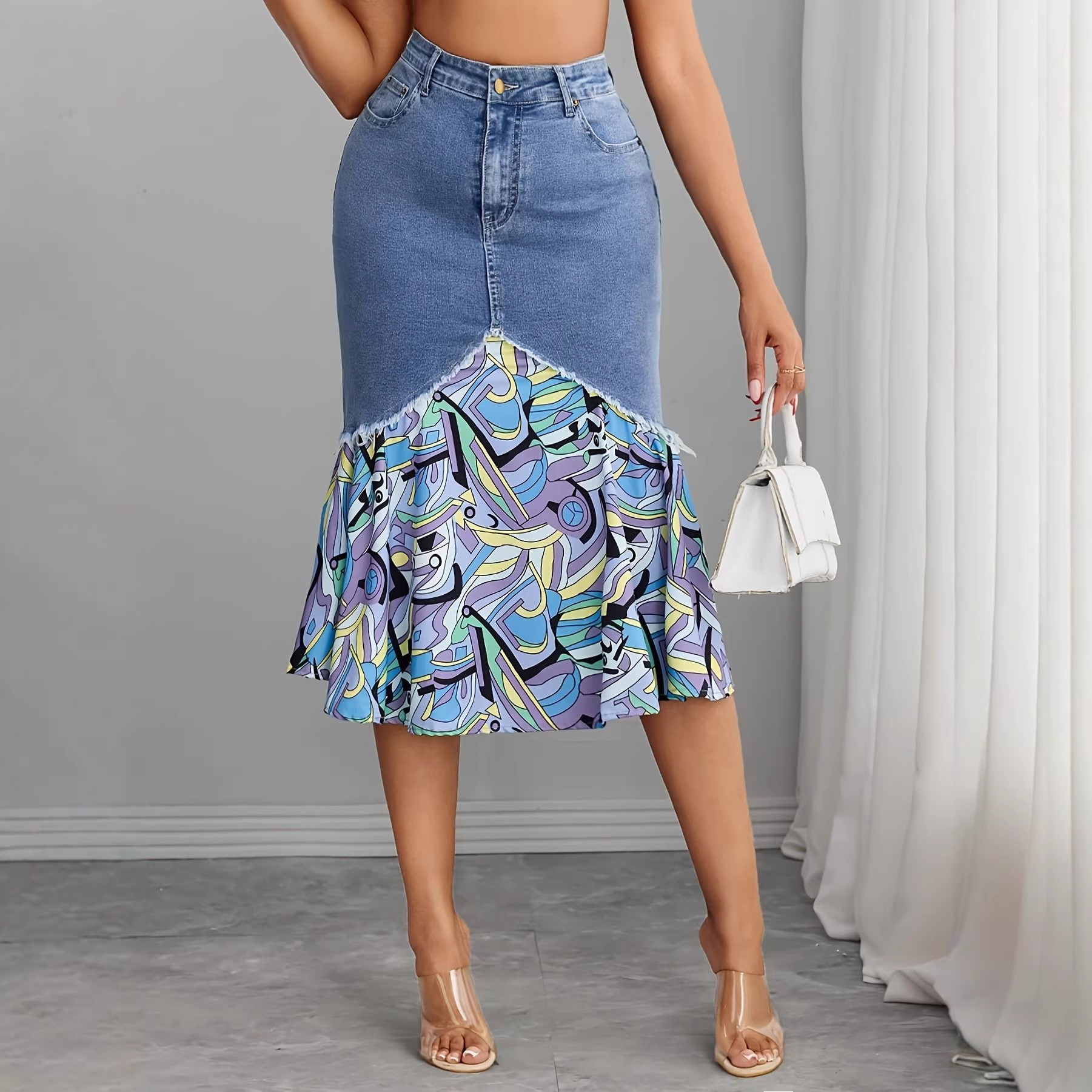 European and American Cross-Border Denim Printed Patchwork Bohemian Fishtail Skirt Denim Skirt