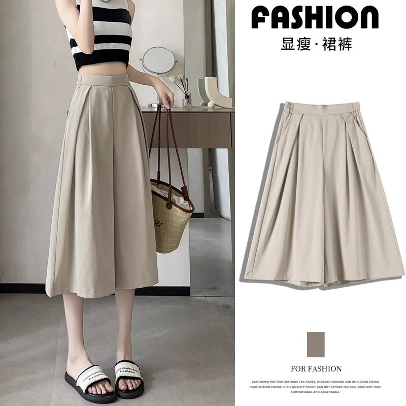 [M-5Xl] Large Size Three-Quarter Culottes for Women Summer Thin High-Waisted Casual High-Waisted Ice Silk A-Line Wide-Leg Pants