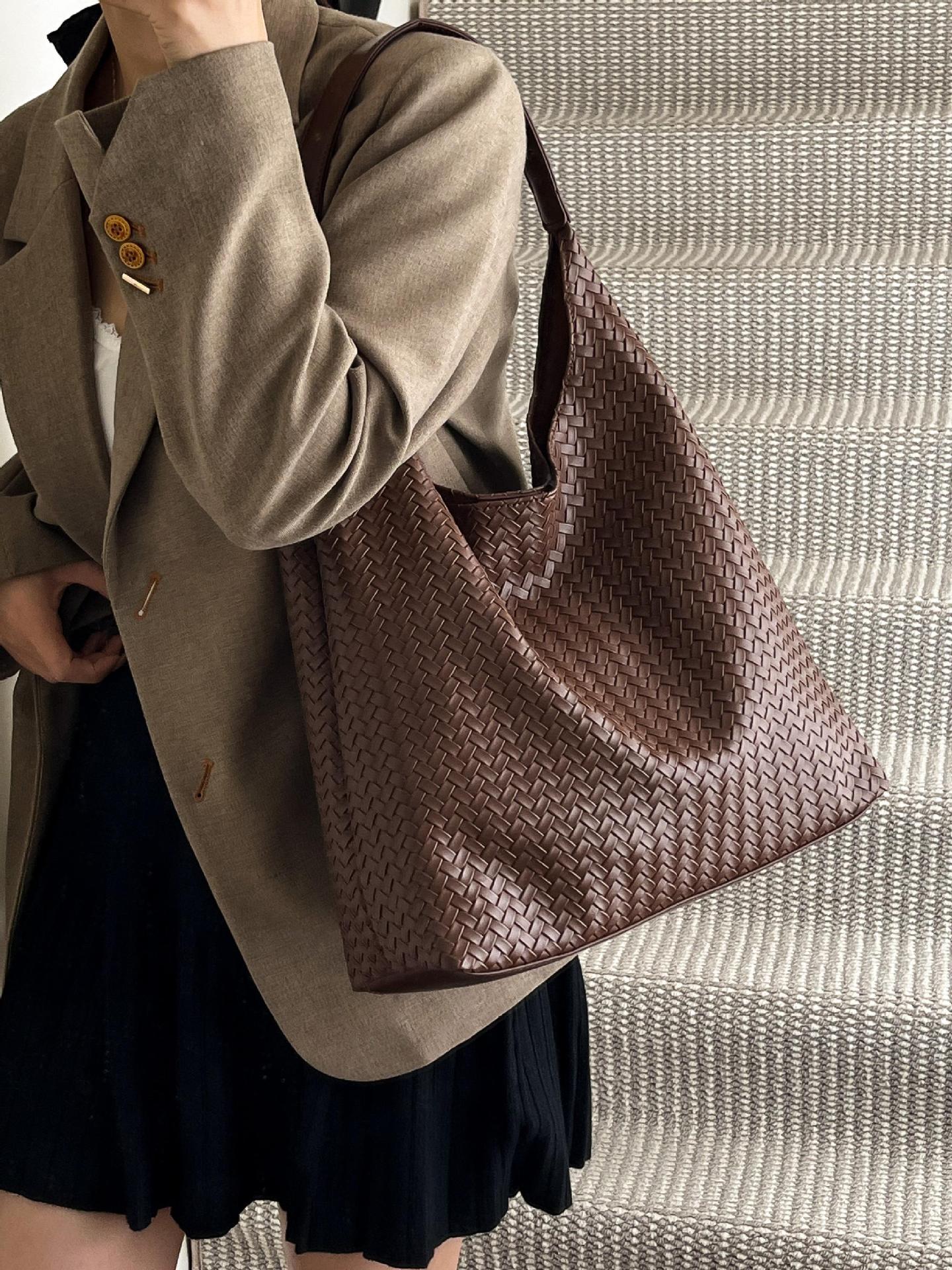 Bolso Tote Tejido Retro de PU de Gran Capacidad para Uso Diario