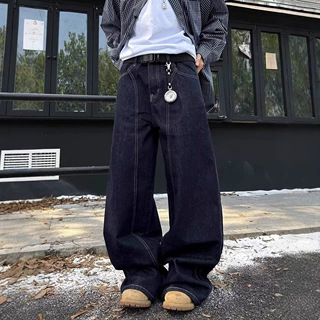 美式复古丹宁蓝阔腿弯刀牛仔裤男解构宽松直筒宽松休闲长裤子潮牌