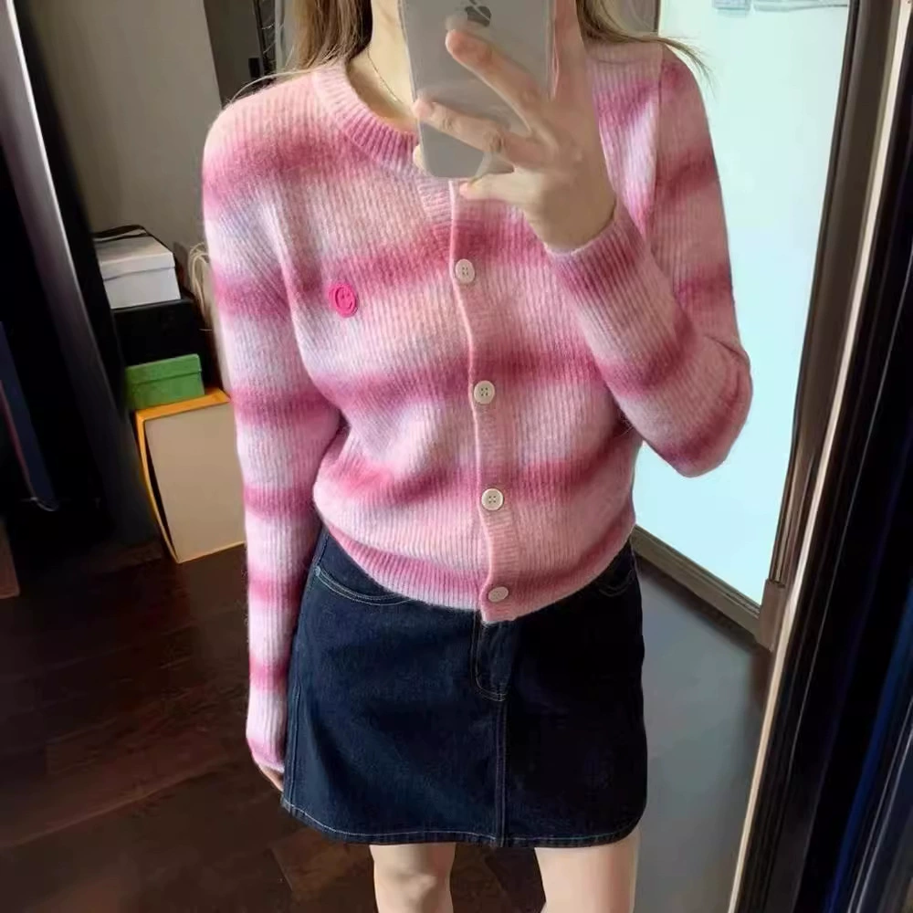 Розовый полосатый трикотажный кардиган куртка женский весенний и осенний корейский допамин носить топ нежный продвинутый свитер