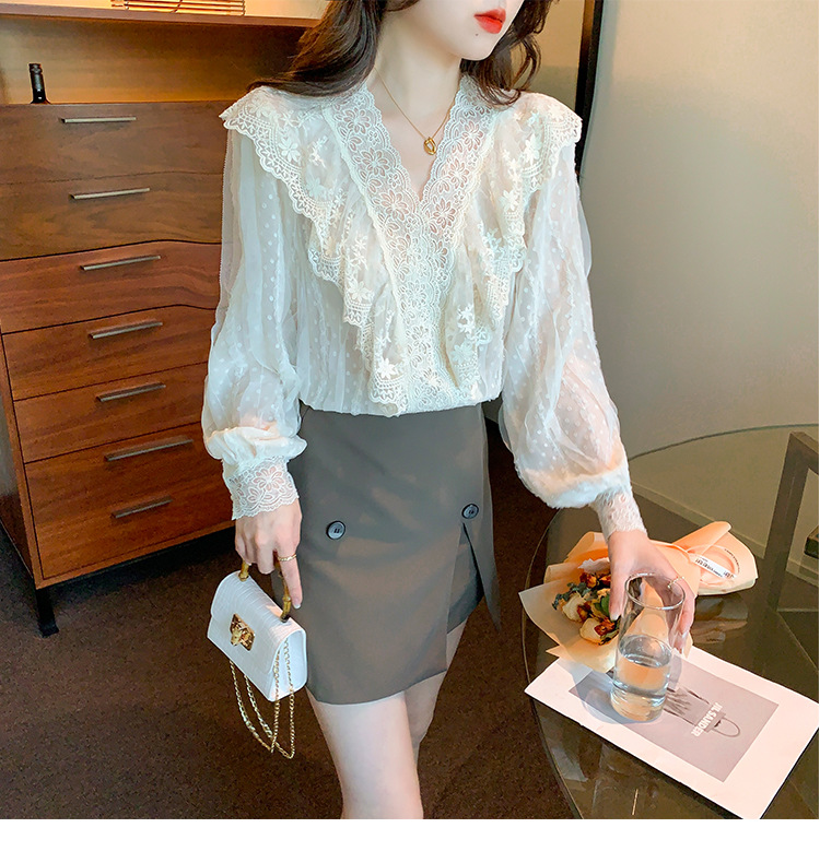 2023春季新款V领荷叶边衬衫女长袖蕾丝衫上衣温柔韩版仙女上衣详情22