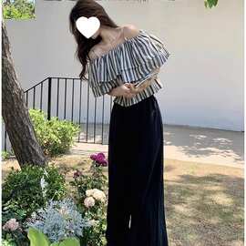 设计感条纹露肩衬衫阔腿裤套装夏秋2026新款轻熟风御姐两件套炸街