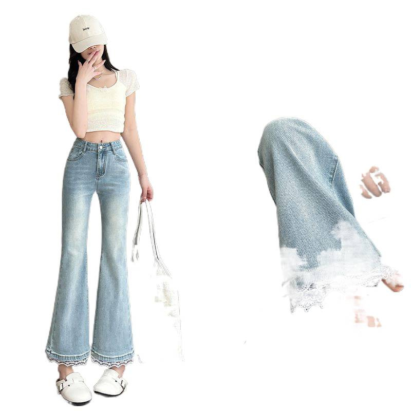Jeans de encaje azul claro nueve puntos de primavera de mujer nuevo tamaño grande en forma de pera figura delgada elástica boquilla recta