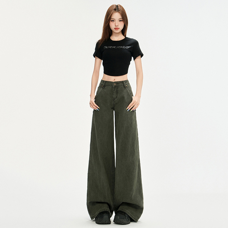 美式直筒牛仔裤女秋季新款辣妹设计感时尚宽松显瘦垂感阔腿拖地裤|undefined