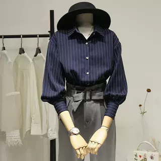秋季新款女士条纹衬衫设计感小众气质复古港味职业装春秋装衬衣