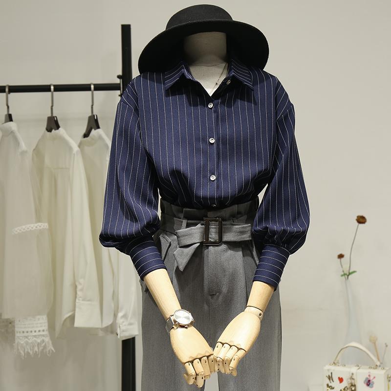 Autumn New Women's Striped Shirt with a Unique Design, Vintage Hong Kong Style, Professional Attire, Spring and Autumn Shirt
