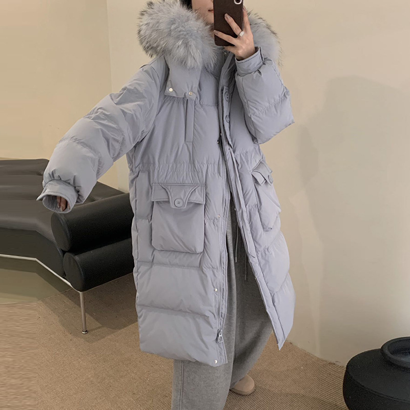 貉子大毛领长短款羽绒服女2025冬季新款三圆扣收腰白鸭绒工装外套|undefined