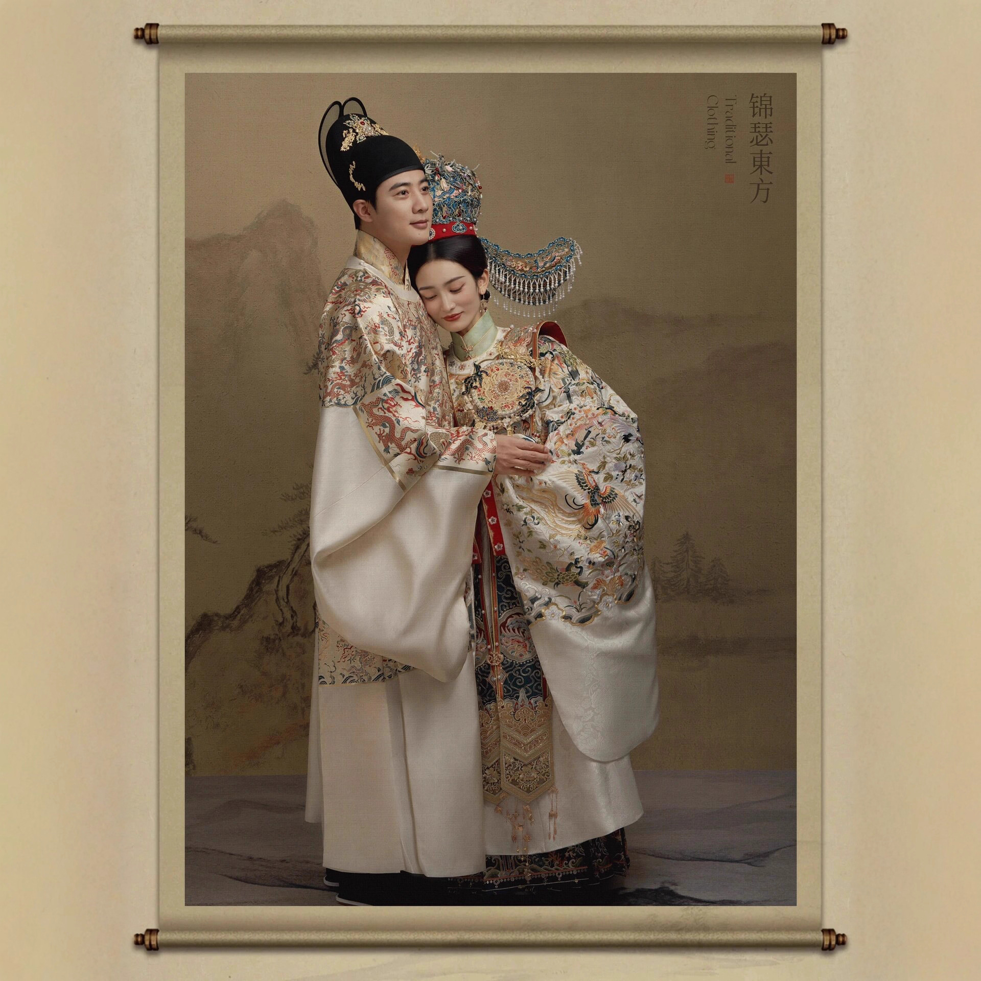 影楼中式汉服婚纱照服装通袖男装过肩蟒袍袍凤冠霞帔刺绣国风晋制