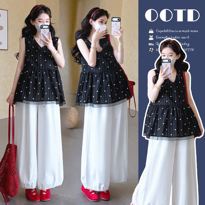 Maternity Wear, Summer Fashion, New Style Polka Dot Vest, Loose Wide-Leg Nine-Point Pants, Trendy Mom Sweet and Slimming Set