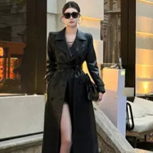Xiaonuo's High-End Leather Trench Coat, Japanese and Korean Foreign Trade Style, Autumn and Winter Pu Leather Jacket, Long Over-The-Knee Coat 252461