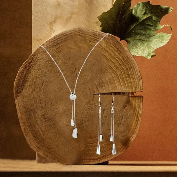 Fashion Jewelry Set European and American Fashion High-End Metal Stainless Steel Water Drop Heart-Shaped Adjustable Necklace Earrings