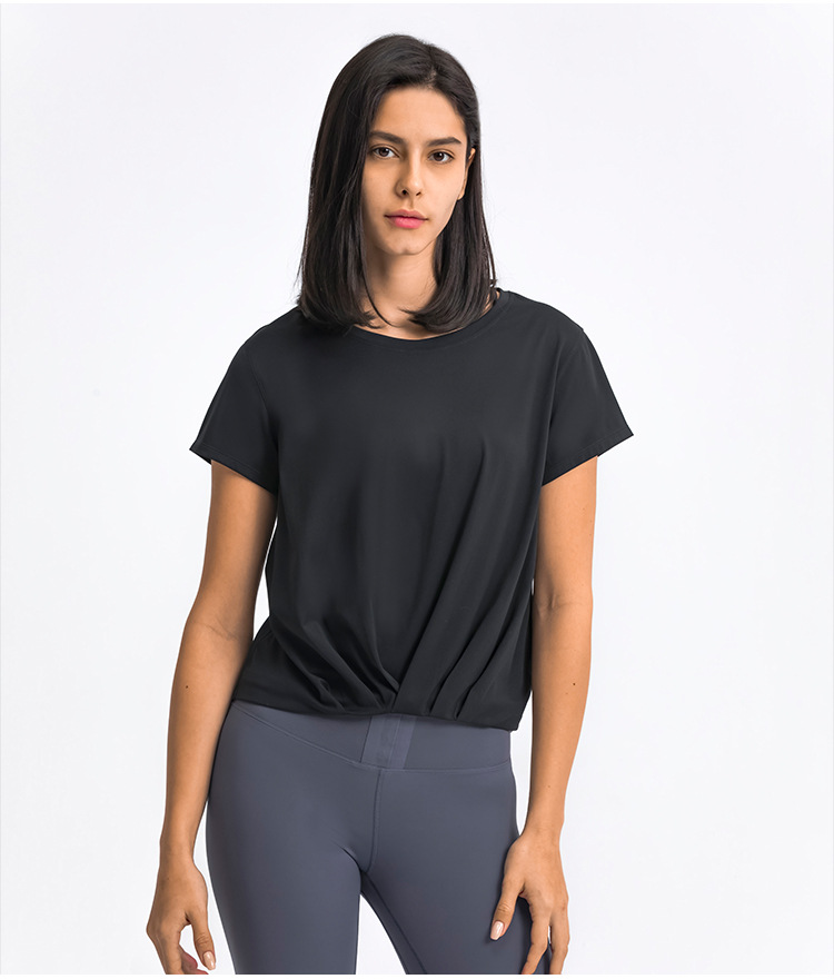 top suelto de yoga de color sólido de manga corta y cuello redondo de alta elasticidad NSDQF127266