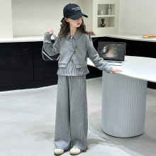 女童秋季套装2025洋气显瘦拼接条纹假三件上衣阔腿裤中大童两件套