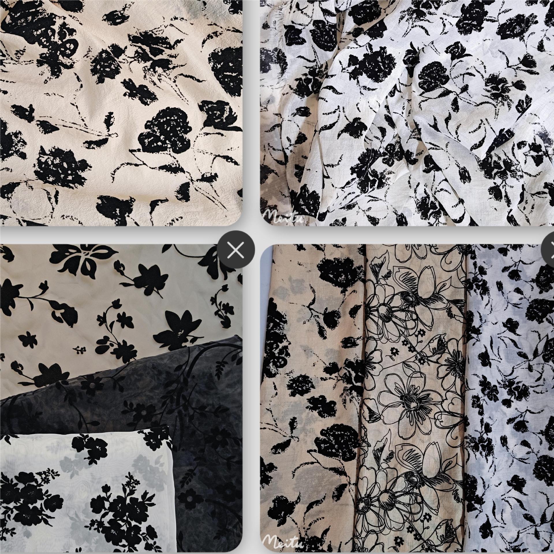 热卖款~多款涤纶无弹棉泡纱和欧根纱大花黑毛植绒 裙装上衣等面料