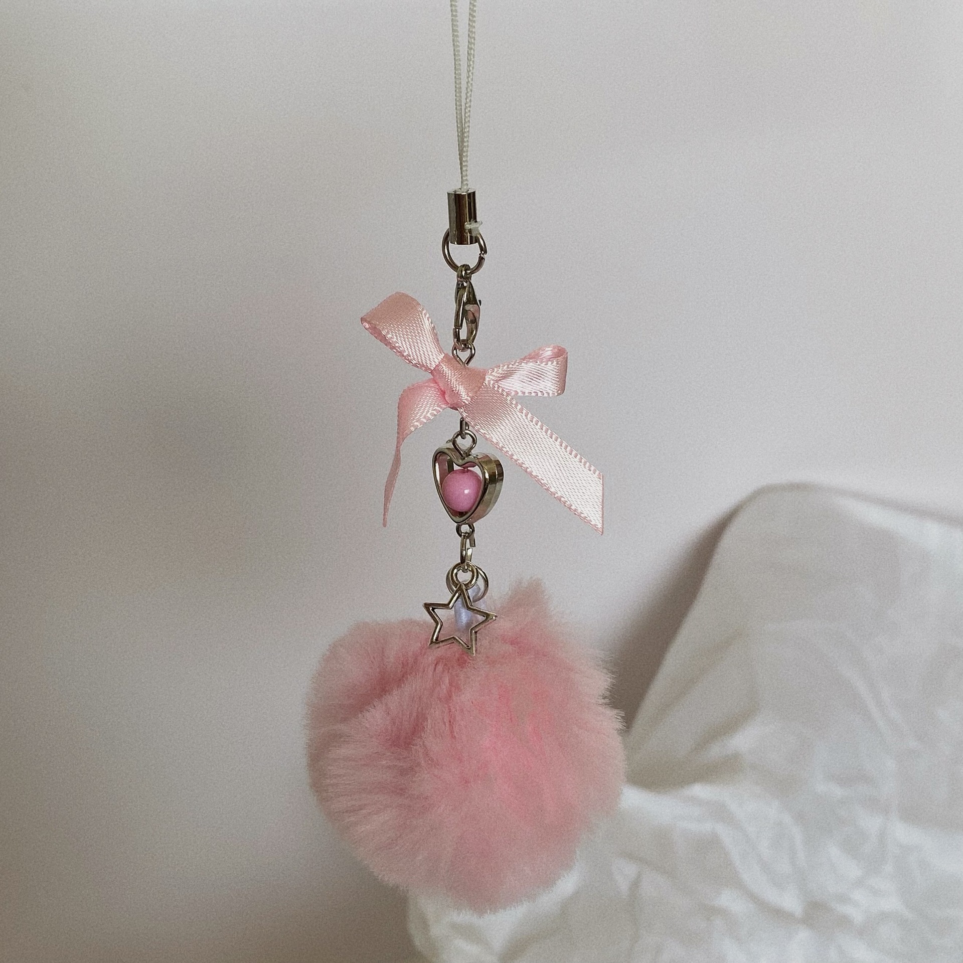 Cute Bow Knot Seto Fur Pom Poms Mobile Phone Chain Keychain display picture 18