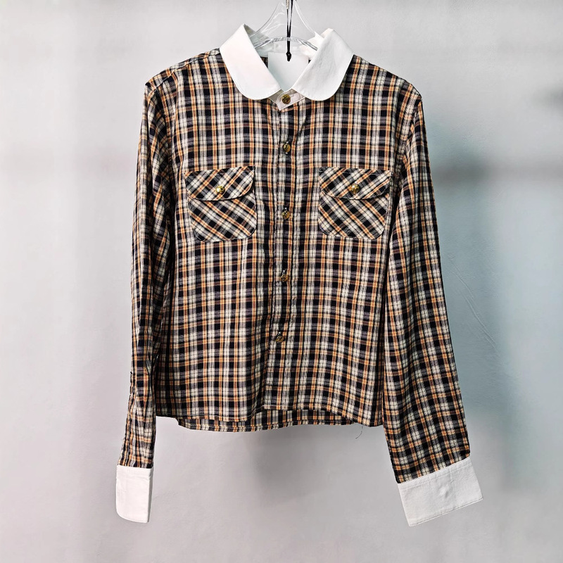 Ce Korean-Style College Style Color-Blocked Doll Collar Loose Plaid Versatile Casual Layered Shirt Long-Sleeve Loose Fit