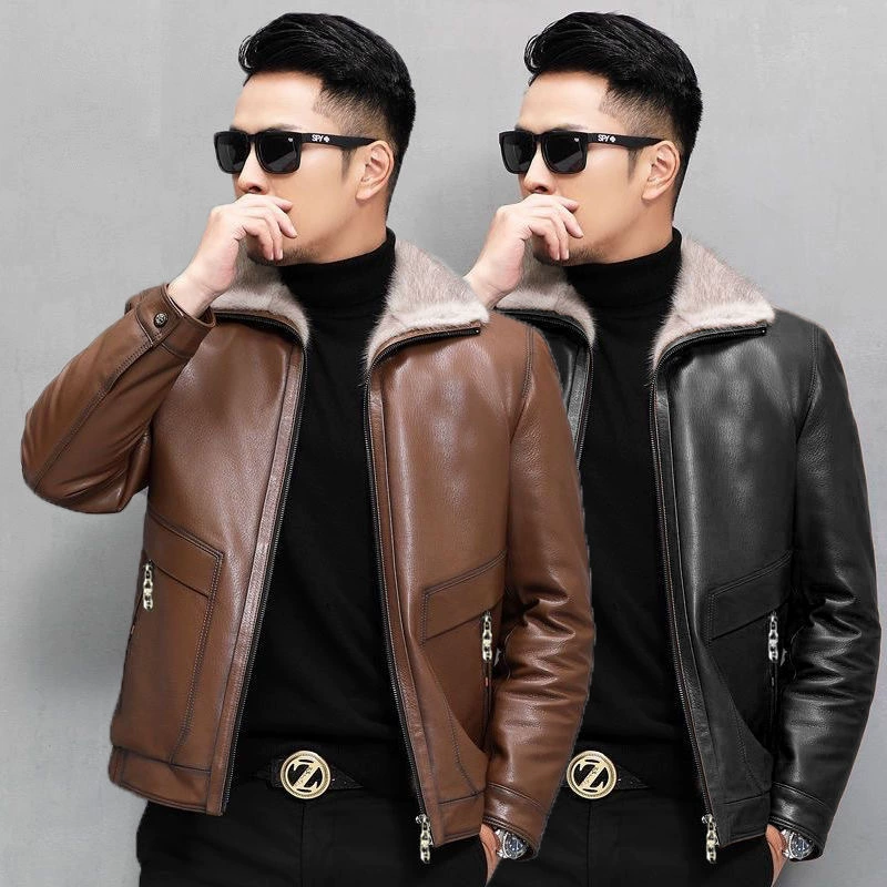 Зимняя Haining новая кожаная мужская кожаная куртка с лацканами утолщенная флисовая куртка мужская-1807