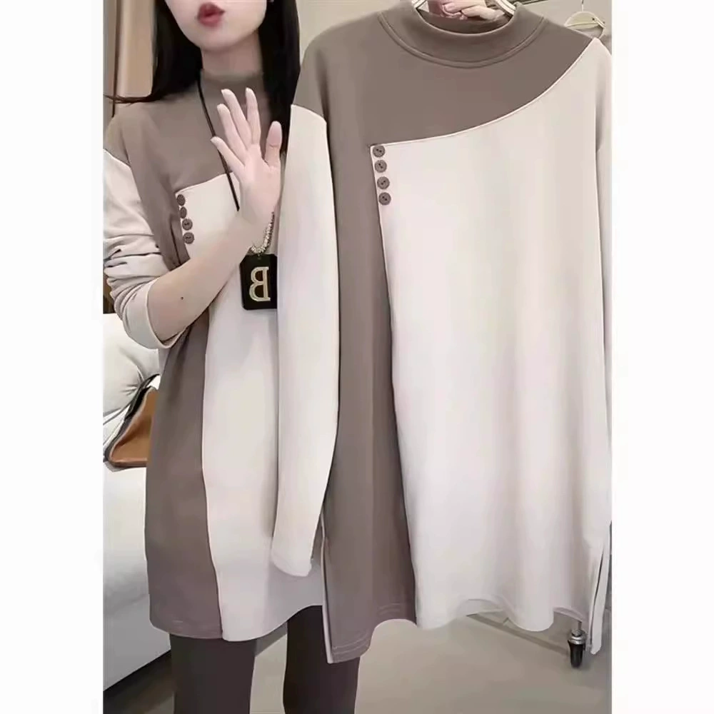 Женская рубашка средней длины с принтом реглан, Осень-зима, новый утолщенный Топ большого размера на флисовой подкладке, универсальный топ в западном стиле для похудения, закрывающий живот