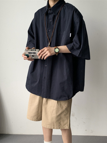 Japanese retro silhouette short-sleeve shirt men's summer oversize fashion brand tooling casual pleated half-sleeve coat
