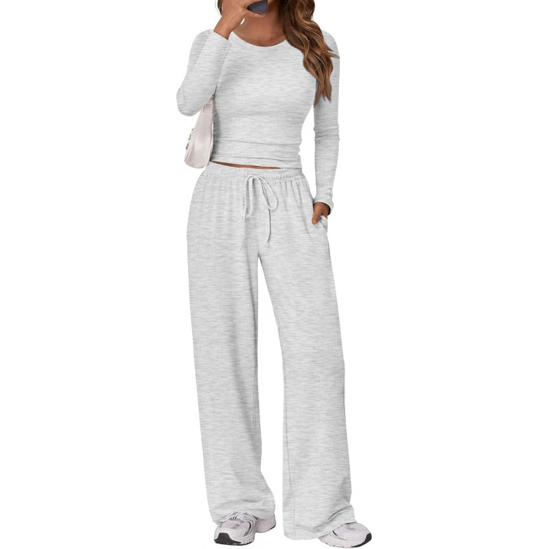 Cross-Border Hot-Selling Amazon Exclusive Women's 2-Piece Set: Long-Sleeve Side-Pleated Top and Wide-Leg Drawstring Pants with Pockets
