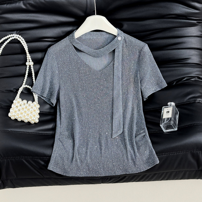 Korean Style Commuter Style Gray Sequined Short-Sleeved T-Shirt for Women Summer 2026 New Style V Neck Ribbon Slimming Look Versatile and Stylish Top
