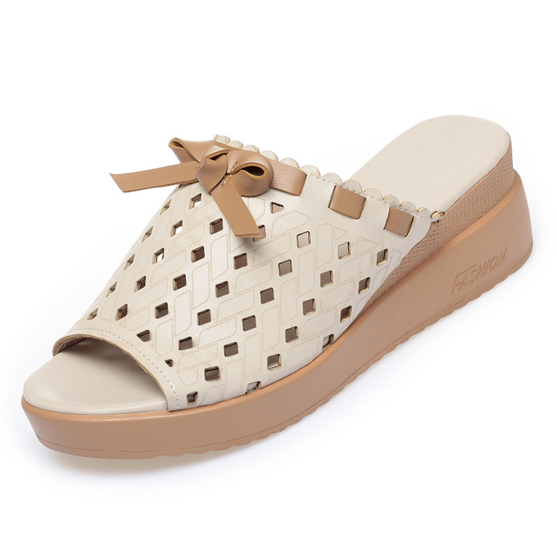 Dép sandal nữ quai chữ V đế dày da thật phong cách dân tộc — đen