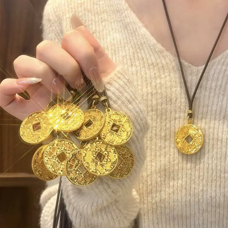 爆闪吉言碎冰冰铜钱平安扣项链女百搭老钱风钱币吊坠轻奢百搭