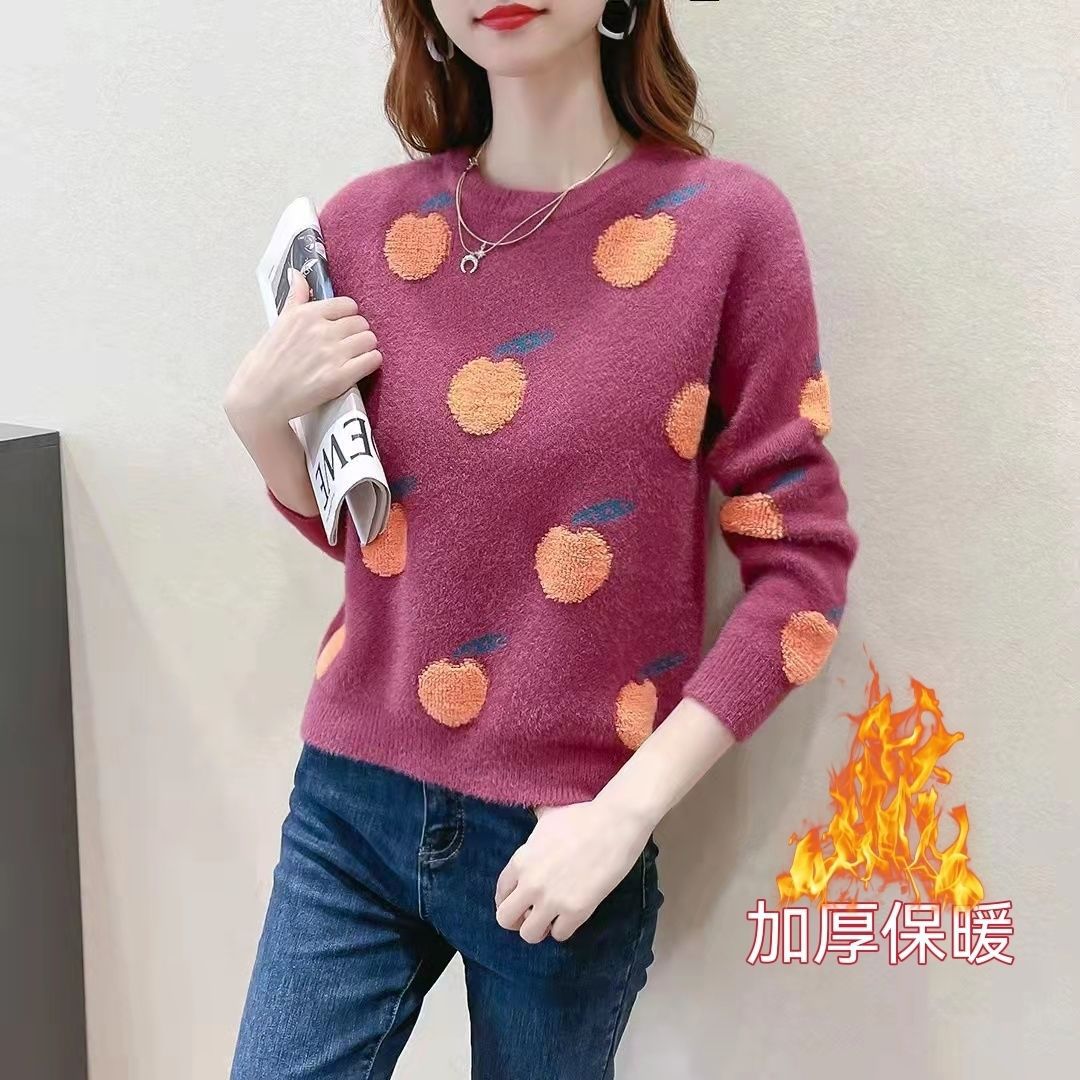 桔子植绒甜美慵懒风日系加厚圆领套头毛衣女时尚新款外穿针织上衣