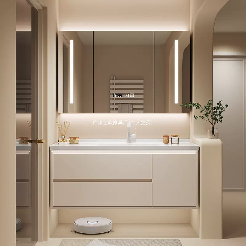 浴室柜组合卫生间洗手台洗脸盆柜洗漱台陶瓷一体盆智能镜柜奶油风