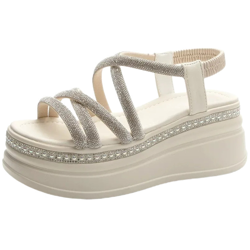 Red red sandalias de diamante de verano para mujeres muffin bottom ligero antideslizante aumento de altura de hadas viento de playa zapatos romanos de moda