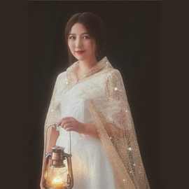 222婚礼附件闪亮亮片蕾丝披风斗篷披肩连帽系扣拖尾新娘工厂生产