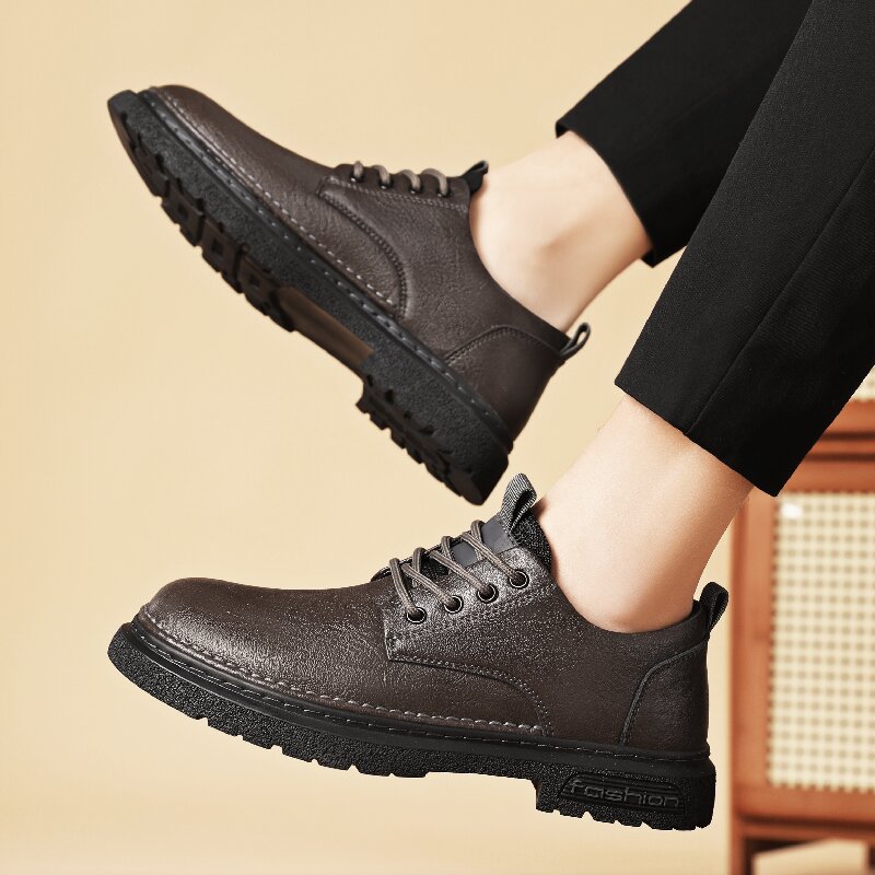 Zapatos de cuero casuales de hombre de tamaño grande transfronterizo, zapatos de trabajo al aire libre de suela gruesa y baja con costura, zapatos de hombre de cuatro estaciones pequeños Martin