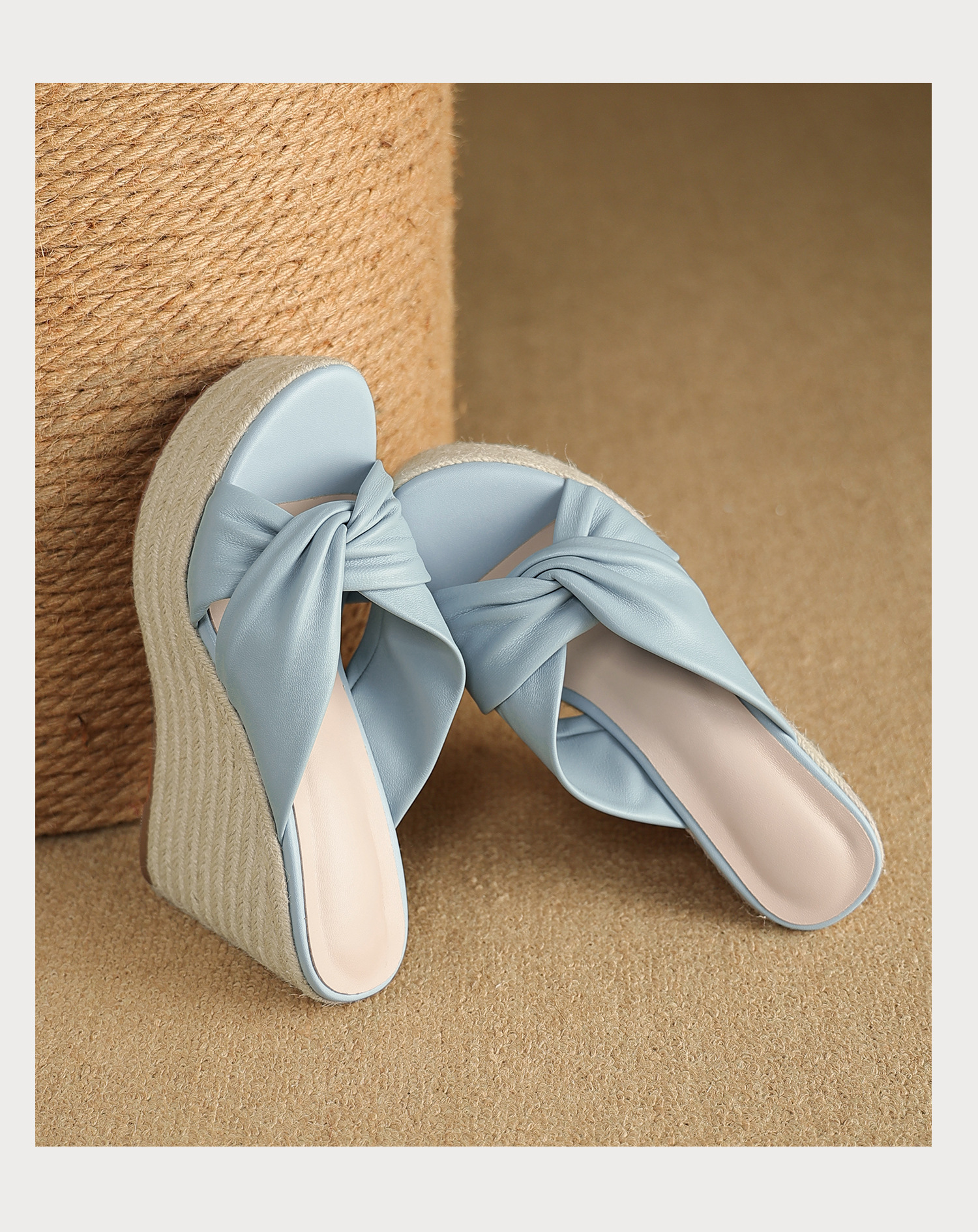 Sandal cao gót nữ quai chéo hở mũi đế xuồng bện cói gót 9 cm — màu thiên thanh, màu hồng chi tiết 22