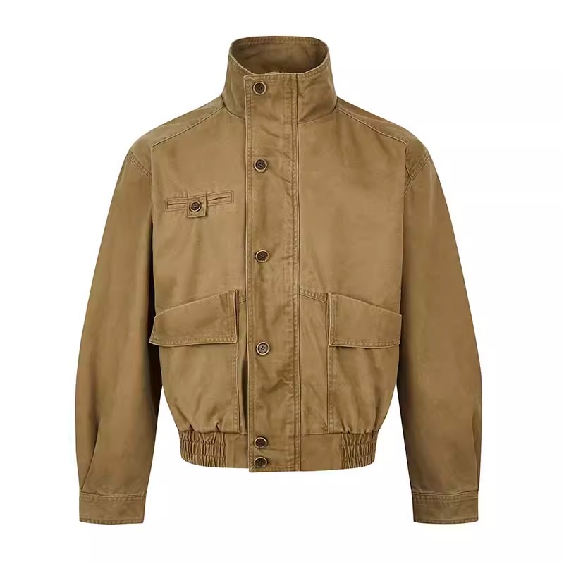 Giacca da lavoro retrò da uomo con colletto alto e design patchwork invecchiato, lavata e in stile Heavy Industry_voghion.com