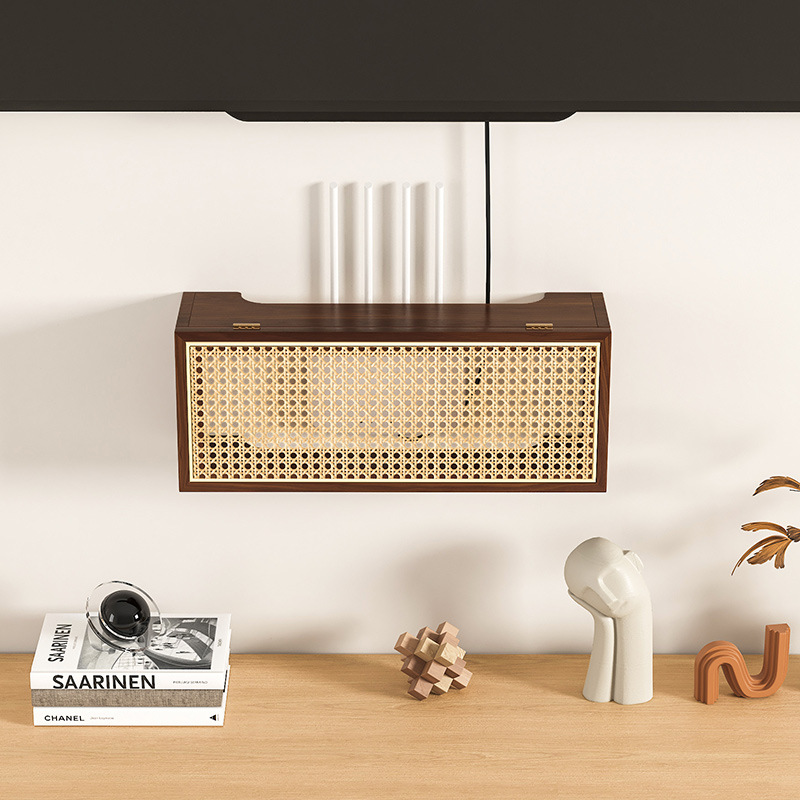Estante de almacenamiento de madera maciza y ratán para enrutador wifi, soporte montado en la pared para decodificador de TV