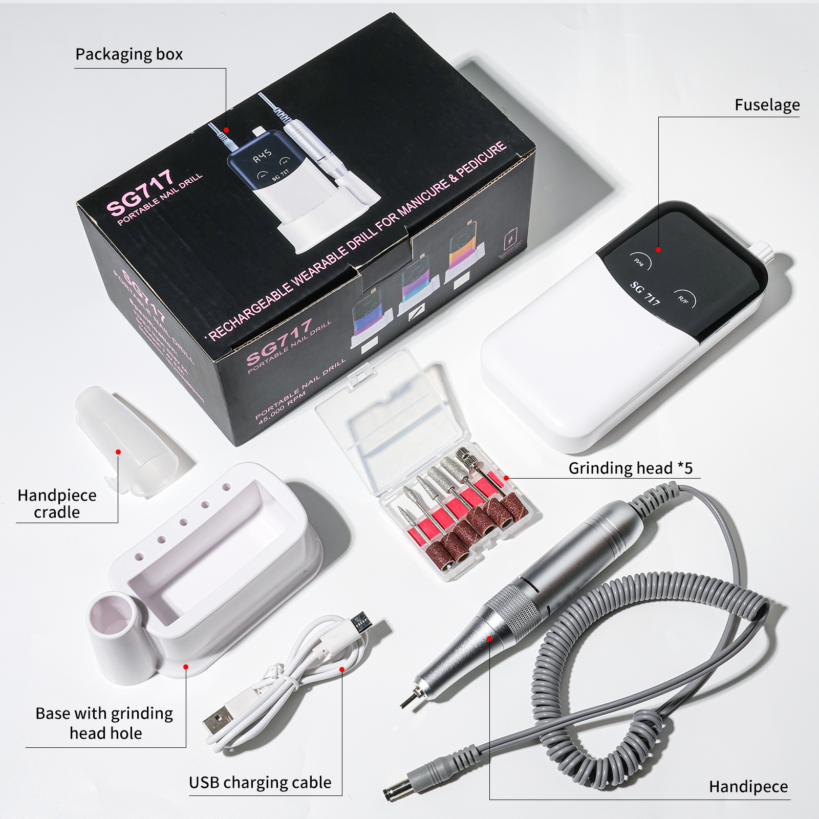 Nueva lijadora de uñas portátil transfronteriza SG717 Lijadora de uñas eléctrica con almacenamiento de energía