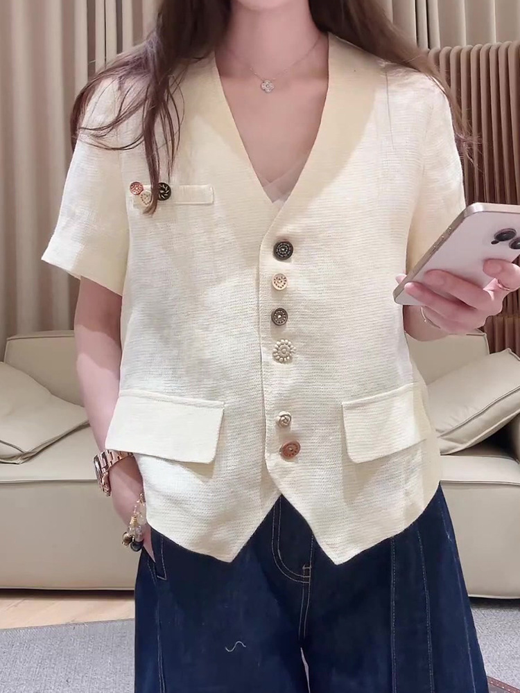 Áo sơ mi nữ cổ V tay ngắn phong cách Pháp cổ điển — trắng